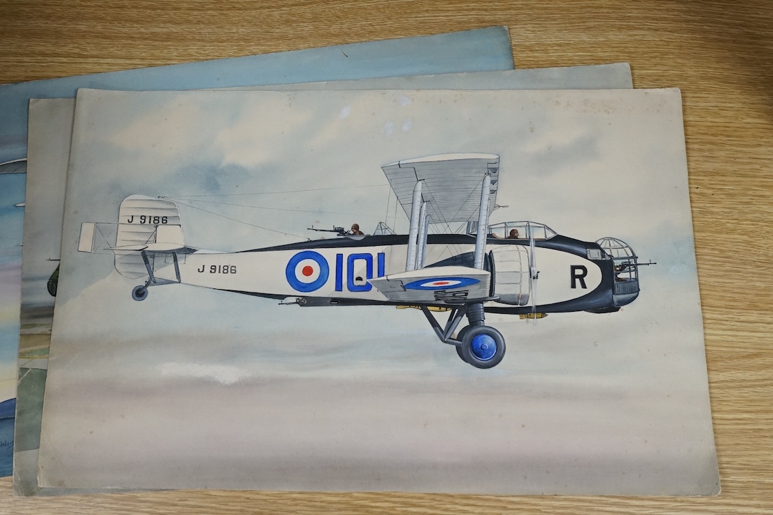 A F D Bannister, set of four original watercolours for postcard designs, 1930's RAF aircraft to include Hawker Hart fighters, Fairey Hendon Bomber and Super Marine Scapa Flying Boat, two signed and dated 1935, 30 x 46cm,
